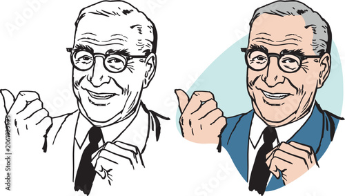 A vintage retro illustration of an older businessman with glasses pointing at something interesting. 