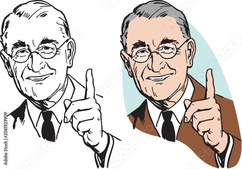 A vintage retro illustration of an older businessman with glasses pointing at something interesting. 