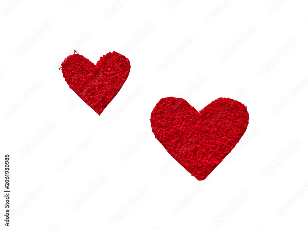 Obraz premium Pair of textured red felt fabric heart shapes on a transparent background