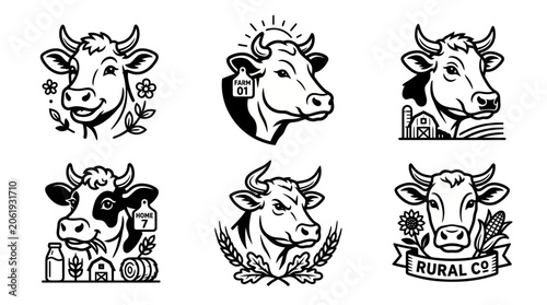 Minimalist cow head logos and agricultural farm icons