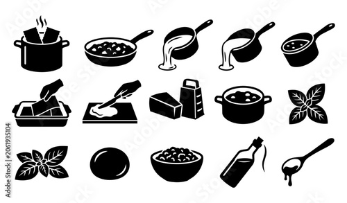 Foto Lasagne Ingredients and Preparation Silhouette Icon Set