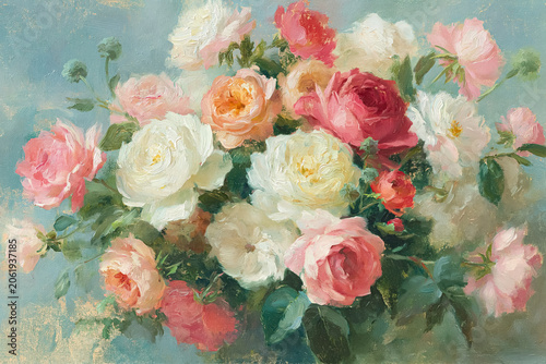 Oil painting presenting a vibrant bouquet of multicolored roses in a classic still life composition against a light blue background