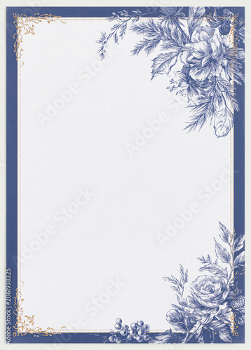 Elegant stationery layout showing a floral design border with blue botanical illustrations of peonies, roses, and berries