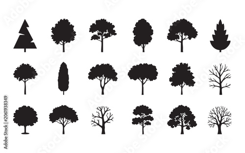 Foto Assorted deciduous and coniferous tree silhouettes for park landscaping and environmental graphics