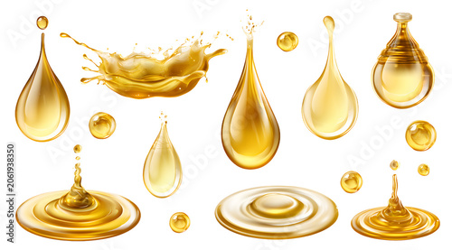 A set of liquid golden drops, honey streaks, and oil bubbles arranged on a see-through backdrop