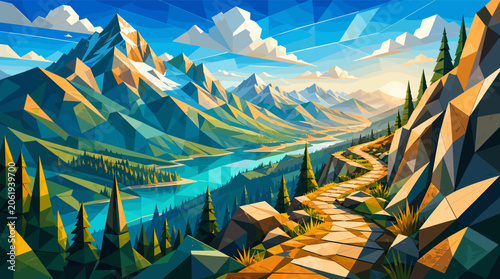 Billede på lærred Vibrant geometric landscape with towering mountains, a serene turquoise river, and a winding sunlit path through a lush valley under a bright blue sky