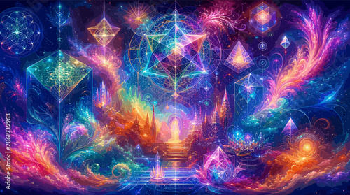 Foto Vibrant cosmic spiritual landscape with glowing sacred geometry, crystalline forms, and swirling nebulae in a kaleidoscope of colors