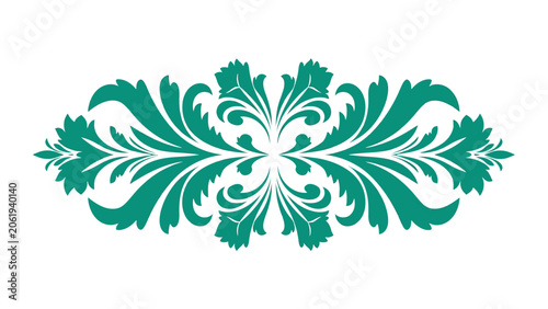 Symmetrical teal floral ornament with elegant leaves and swirls, decorative horizontal element, isolated white background