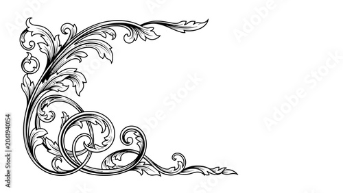 Classic black and white ornate corner with intricate floral scrollwork, elegant vintage design, isolated white background