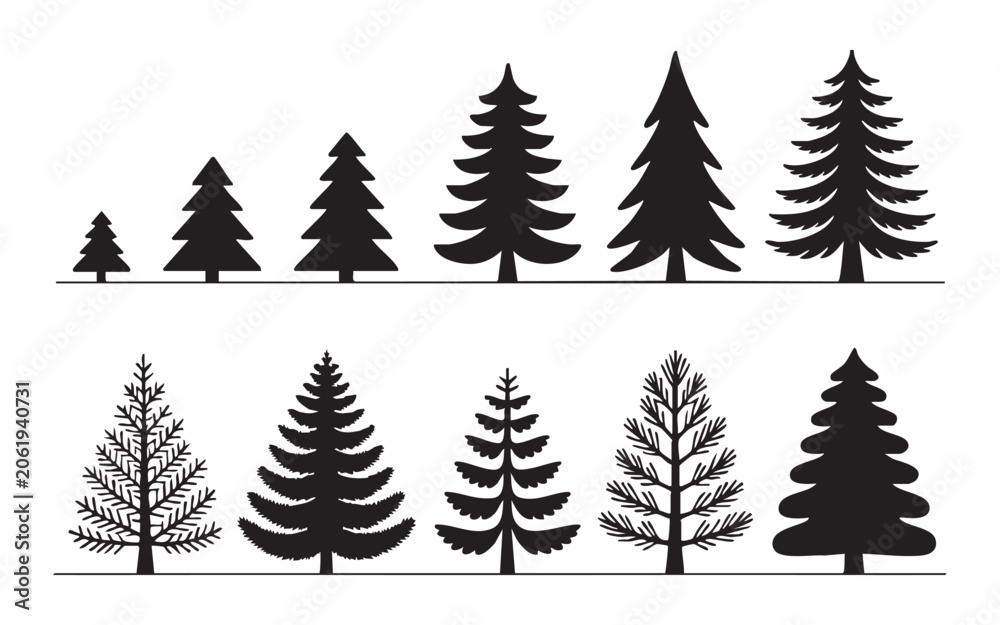 Obraz premium Set of ten christmas trees in various black silhouettes isolated on transparent background.