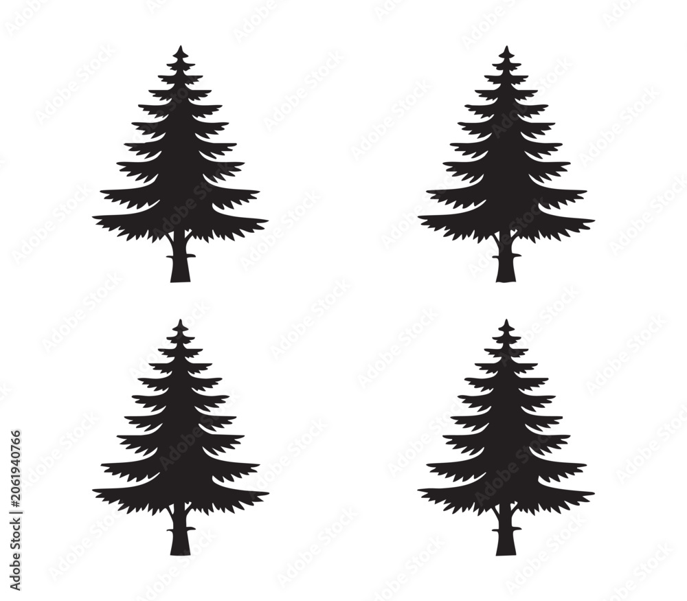 Obraz premium Set of four black christmas tree silhouettes on transparent background graphic design.