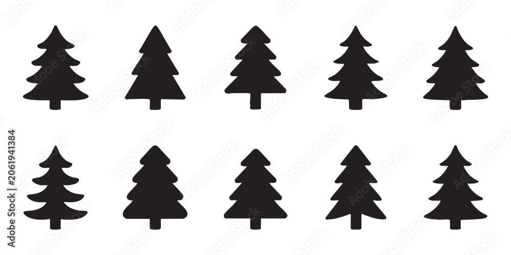 Obraz premium Christmas trees vector icons silhouette set simple flat design on transparent background for holiday.