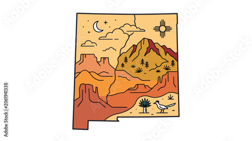 New mexico state map with desert landscape and zia symbol