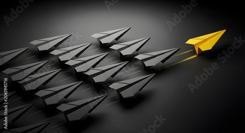 Yellow Paper Plane Leading Black Paper Planes, Leadership and Innovation Concept for Business Strategy, Teamwork, Branding, Marketing and Corporate Design