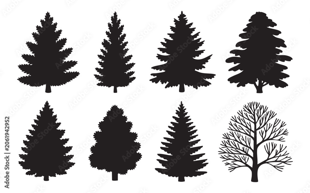 Obraz premium Set of black coniferous tree silhouettes for forest landscape designs and outdoor nature elements.