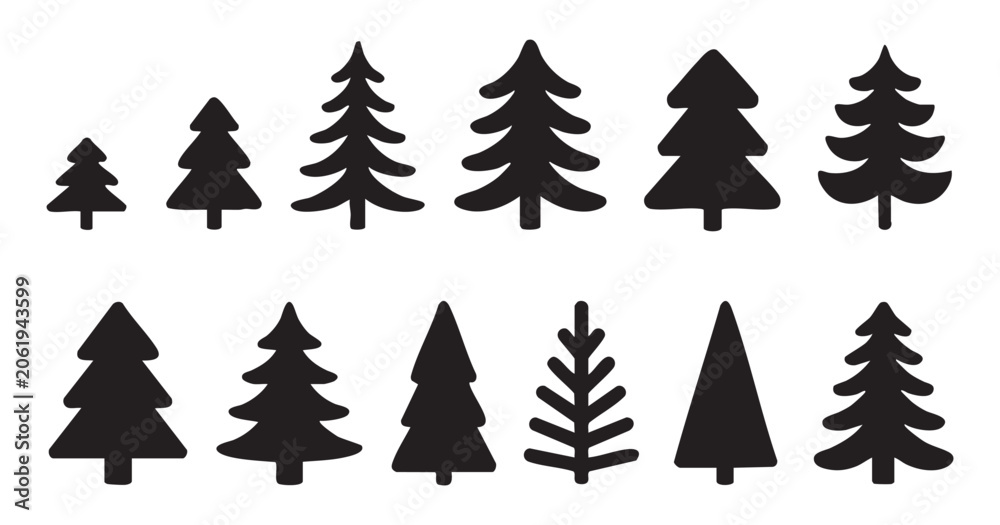 Obraz premium Collection of twelve simple vector tree silhouettes for graphic design and landscape illustration.