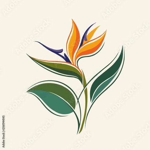 Stylized Bird of Paradise Flower with Green Leaves on Cream Background