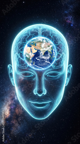 Vertical illustration of a glowing blue human head with Earth inside. Global consciousness and universal mind concept against a starry space background