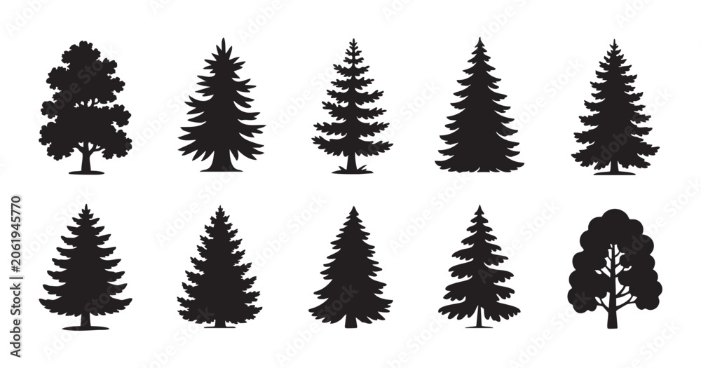 Obraz premium Collection of diverse stylized pine and spruce trees silhouettes, isolated on transparent background.