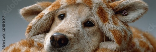 Golden retriever resting in giraffe plush costume studio setting