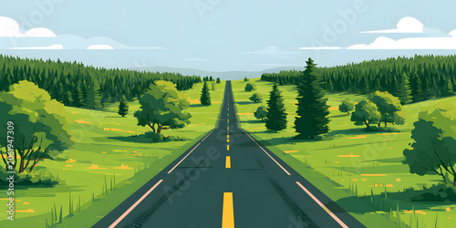 Animated summer countryside scene depicting a paved road with tire tracks through expansive green fields and dense forest