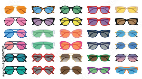 Colorful variety of modern and retro sunglasses in various styles