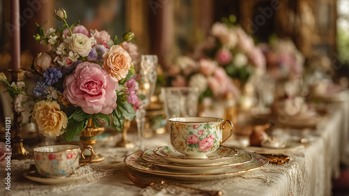Elegant tea party setting with vintage floral china and delicate roses, envisioning luxury and tradition