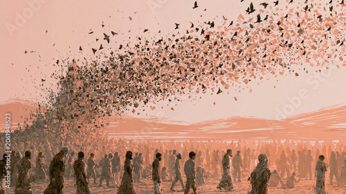 Confusion of languages at Babel with chaotic crowd dispersal, fractured communication visualized through symbolic distortion