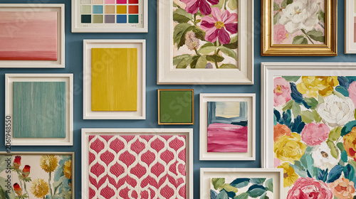 Creating a gallery wall displaying colorful framed artworks and abstract paintings on a blue wall