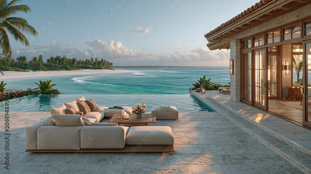 Fototapeta premium Luxurious tropical beachfront villa with infinity pool and modern outdoor living area at sunset