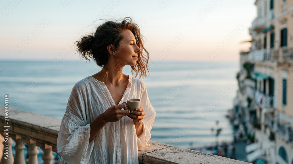 Obraz premium Young Woman Enjoying Morning Coffee on a Balcony Overlooking the Sea at Sunrise