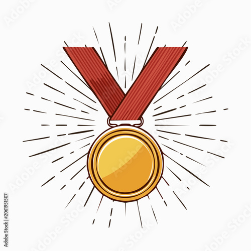 Gold Medal with Red Ribbon and Sunburst Effect