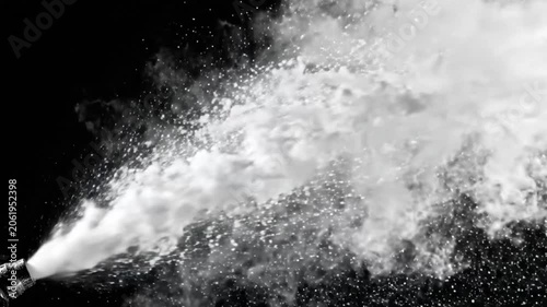 Closeup of a highpressure co2 fire extinguisher blast, creating a thick white cloud of carbon dioxide gas and ice particles against a black background