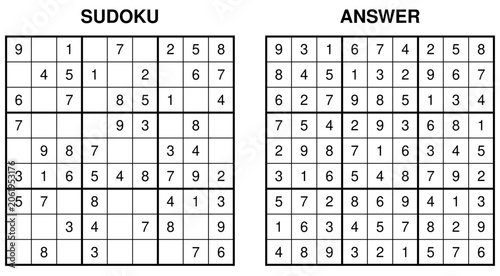 Cuadro en lienzo Easy sudoku puzzle with answer, classic 9x9 numerical logic game vector illustra