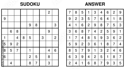 Bild auf Leinwand Challenging sudoku puzzle with answer, hard 9x9 numerical logic game vector illu
