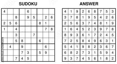 Slika na platnu Challenging sudoku puzzle with answer, hard 9x9 numerical logic game vector illu