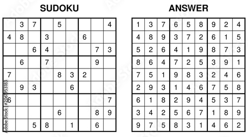 Fotografija Challenging sudoku puzzle with answer, hard 9x9 numerical logic game vector illu