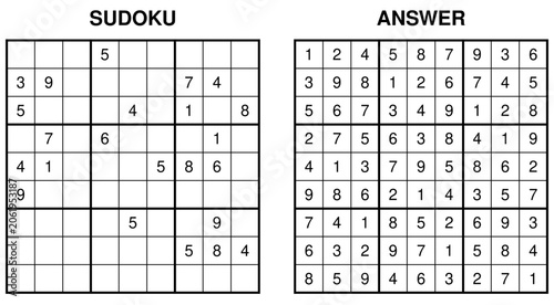Fotografía Hard sudoku puzzle with answer, difficult 9x9 numerical logic game vector illust