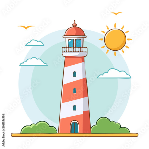 Flat design lighthouse with sun and sky