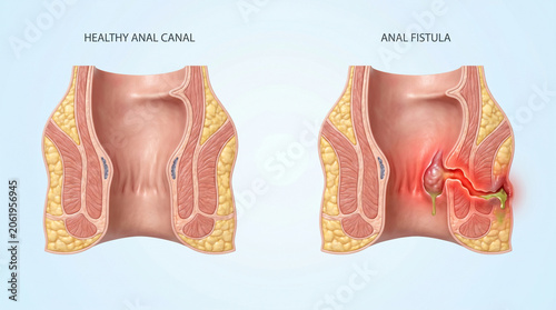 Anal Fistula and Healthy Anal Canal Comparison Showing Abscess and Inflammation
