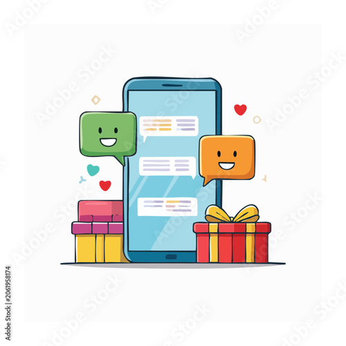 Smartphone with chat bubbles and gift boxes