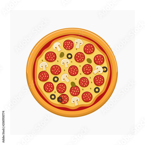 Pizza with pepperoni and cheese top view