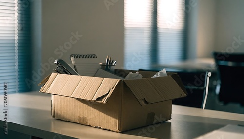 A worn cardboard moving box placed on a minimalist office desk containing scattered personal items like a stapler, notepad, pen holder, and folded name badge, soft natural daylight through blinds