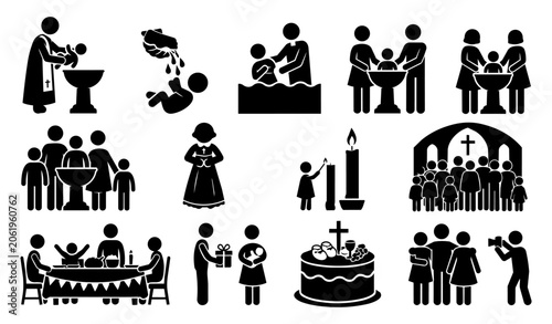 Baptism Celebration and Christening Family Silhouette Icon Set