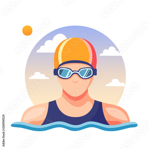 Flat design illustration of a swimmer with goggles and cap