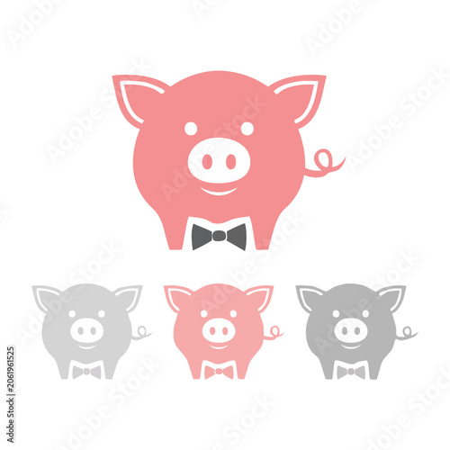 Cute Pig Icon with Bow Tie in Flat Design