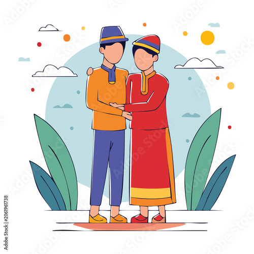 Two people in traditional clothing embracing in a flat vector