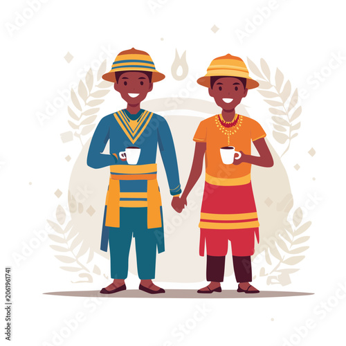 Two people in traditional clothing holding coffee cups