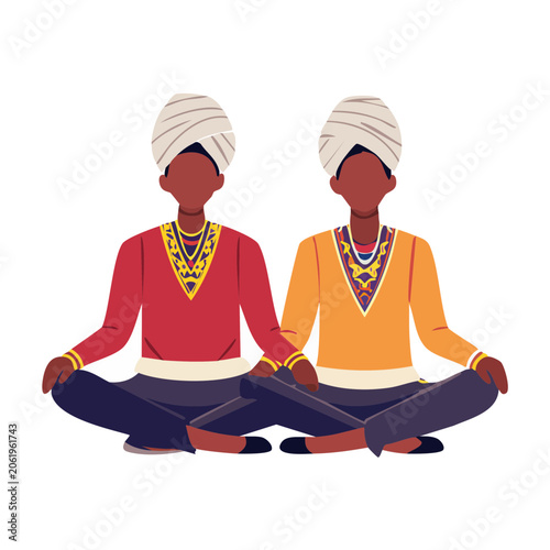 Two people meditating in lotus position illustration