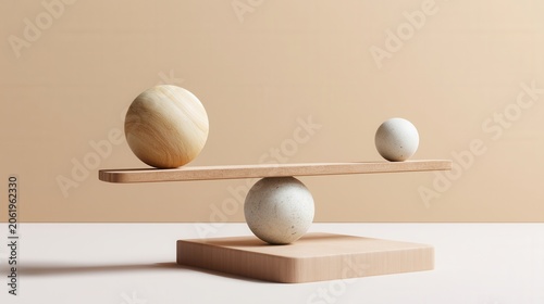 Concept of balance and stability with wooden and stone spheres on a seesaw